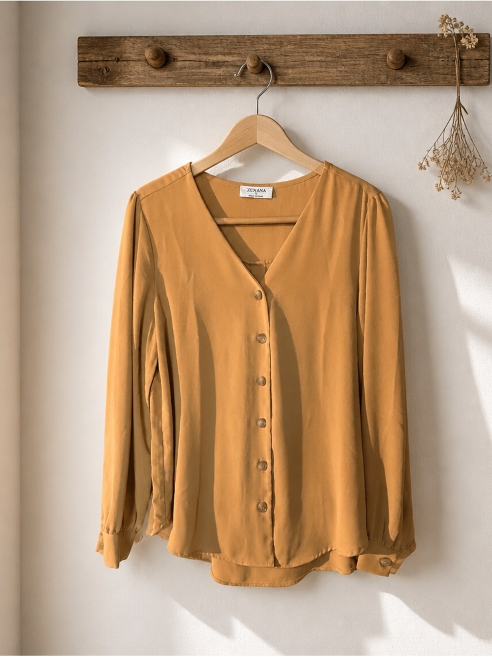 Zenana Outfitters Mustard V-Neck Button-Front Blouse